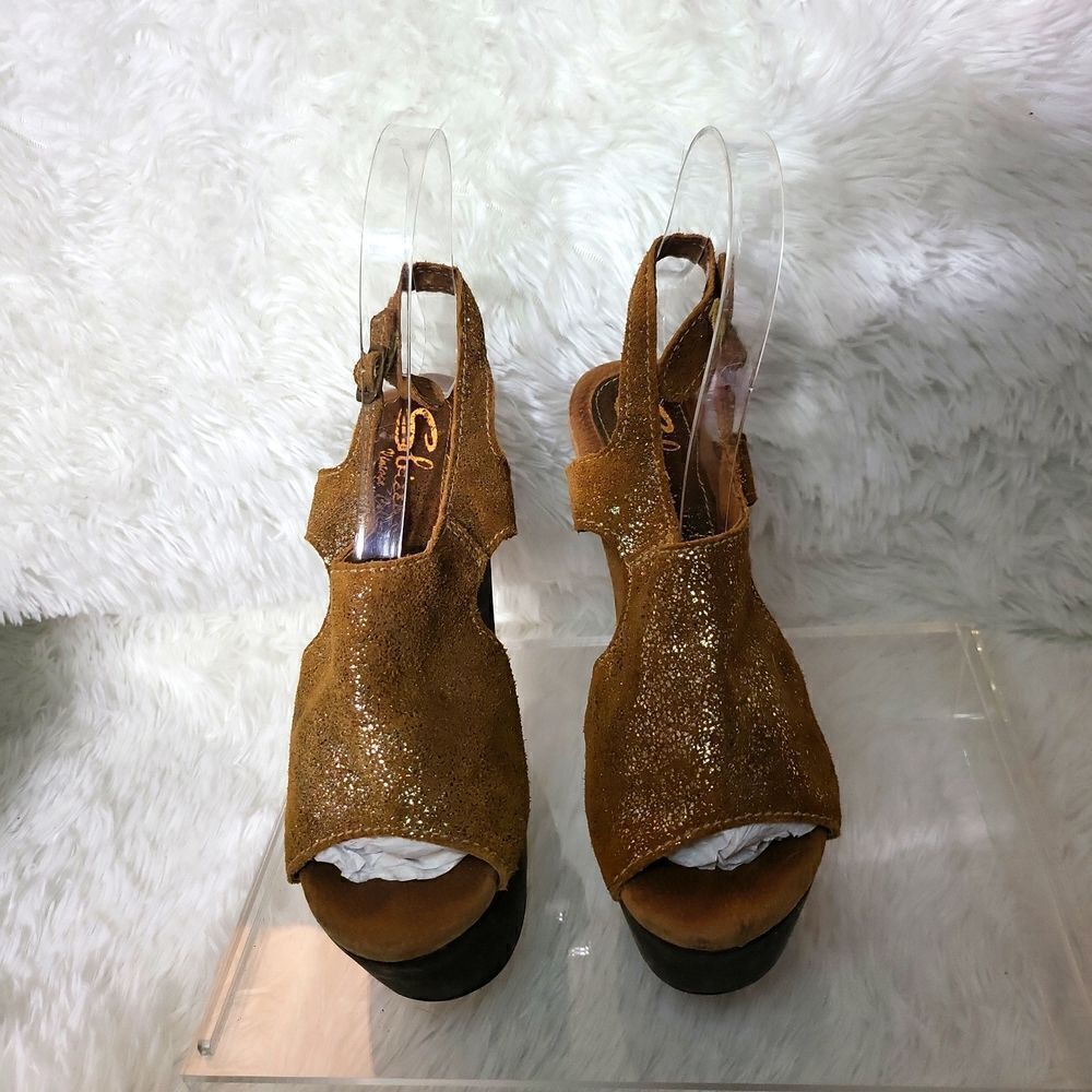Sbicca vintage collection glittery gold,tan leather platforms, sz.8.5 EUC